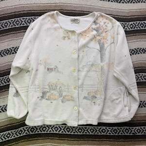 Women's Vintage 90's Artisans White Fleece Fall Autumn Cardigan Sweatshirt Sz XL
